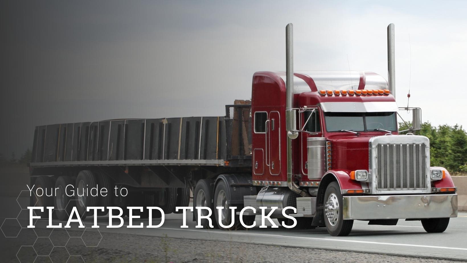 A red flatbed truck on the road and text that reads "Your Guide to Flatbed Trucks"
